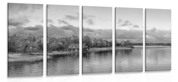 Quadri in 5 parti tramonto sul lago in bianco e nero - 200x100