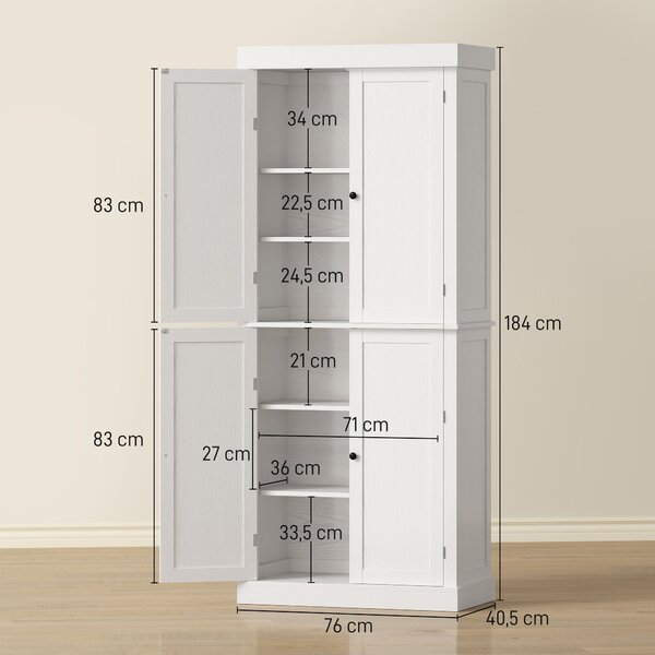 HOMCOM Mobile Cucina Alto con 6 Ripiani Regolabili e 2 Ante in Legno, 76x40.5x184 cm, Bianco