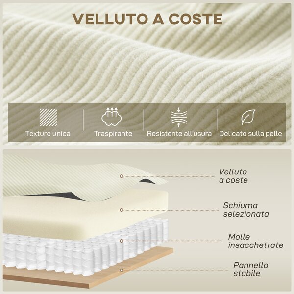 HOMCOM Divano con Penisola a 3 Posti in Tessuto Effetto Velluto, Schiuma e Nylon, 241x153x83 cm, Bianco Crema | Aosom Italy