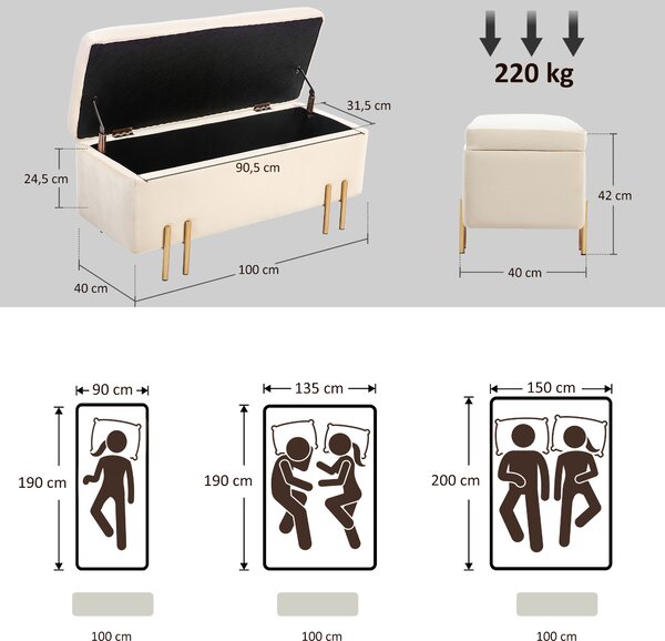 HOMCOM Panca Fondo Letto Moderna con Spazio Contenitore Interno, in Poliestere Beige, 100x40x42 cm | Aosom Italy