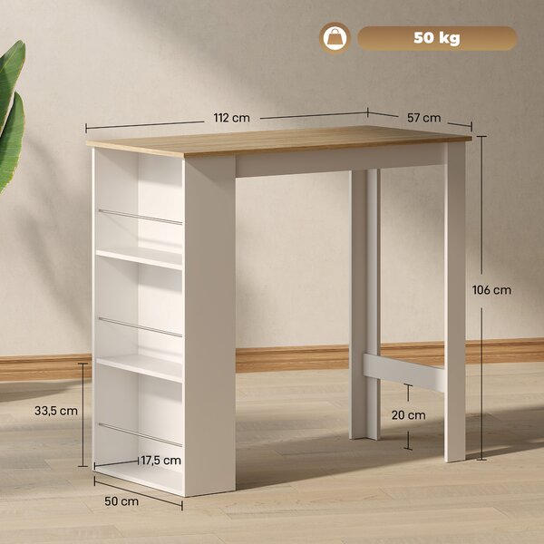 HOMCOM Tavolo da Bar con 3 Mensole e Barre Protettive, in Acciaio e Truciolato, per casa e bancone, 112x57x106 cm, Bianco | Aosom Italy
