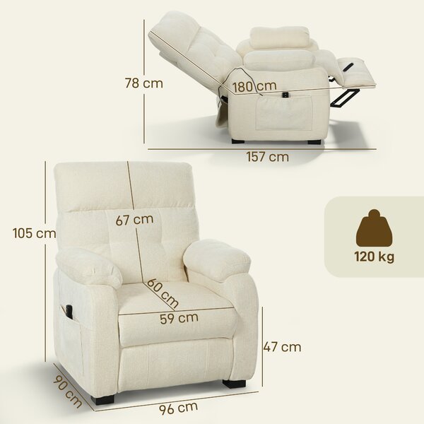HOMCOM Poltrona Reclinabile 150° Effetto Velluto con Poggiapiedi, Telecomando e Tasca Laterale, 96x90x105 cm, Bianca | Aosom Italy