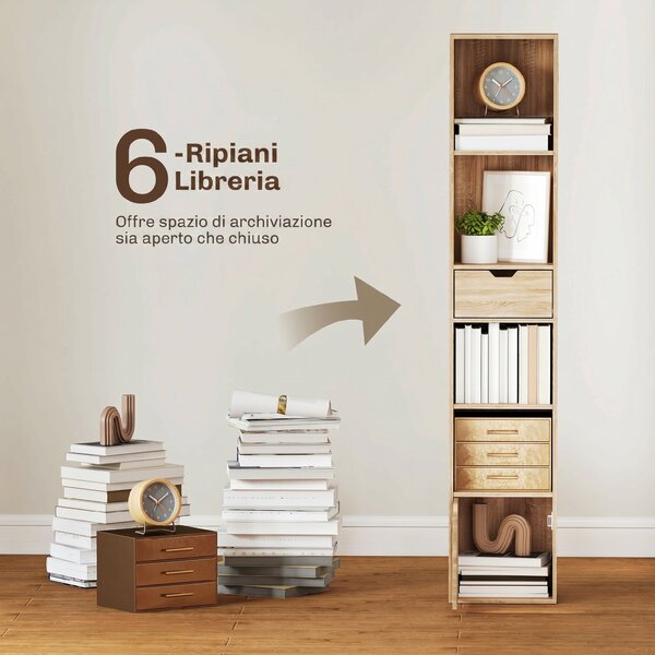 HOMCOM Scaffale Libreria a 4 Ripiani Aperti con Armadietto e Cassetto, 30x24x158 cm, Color Legno | Aosom Italy