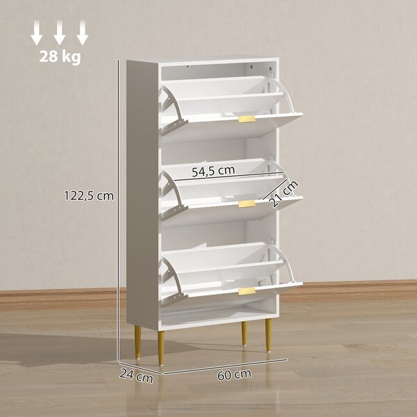 HOMCOM Scarpiera Slim per 18 Paia di Scarpe con 3 Cassetti a Ribalta e Ripiani Regolabili, 60x24x128 cm, Bianco | Aosom Italy