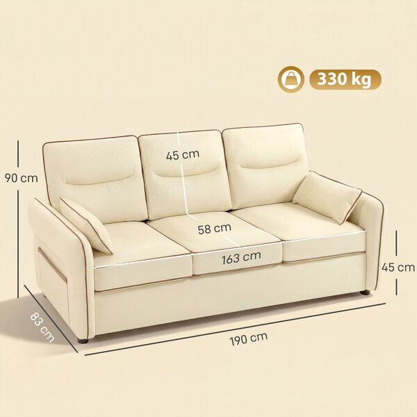 HOMCOM Divano Moderno 3 Posti con Imbottitura Spessa, Tasca Laterale e 2 Cuscini, in Finta Pelle, 190x83x90 cm, Beige | Aosom Italy