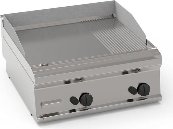 Piastra per grill a gas KBS con 2 zone di riscaldamento (2/3 lisce + 1/3 scanalate), da tavolo, cromata dura