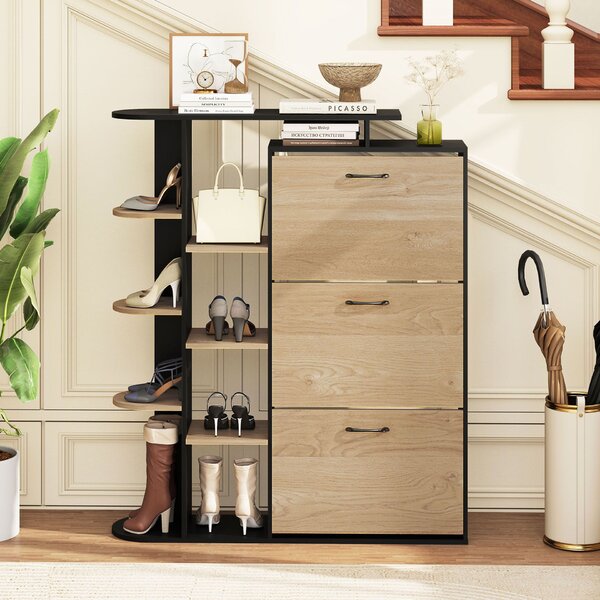 Costway Scarpiera salvaspazio con 3 ante a ribalta e 8 ripiani per scarpe e borse, Portascarpe in legno per ingresso e salotto Nero+Naturale