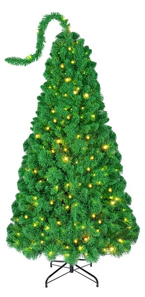Costway Albero di natale artificiale con luce led bianca calda, Albero di natale innevato con aghi di pino foglie in pvc ramo superiore flessibile 150 cm