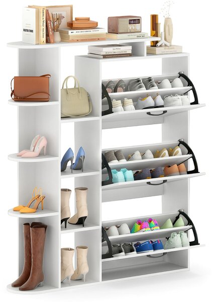 Costway Scarpiera salvaspazio con 3 ante a ribalta e 8 ripiani per scarpe e borse, Portascarpe in legno per ingresso e salotto Bianco