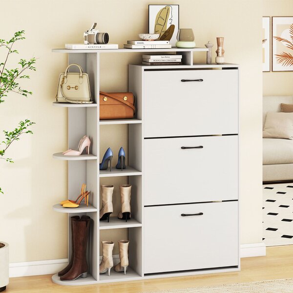Costway Scarpiera salvaspazio con 3 ante a ribalta e 8 ripiani per scarpe e borse, Portascarpe in legno per ingresso e salotto Bianco