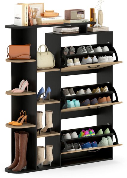 Costway Scarpiera salvaspazio con 3 ante a ribalta e 8 ripiani per scarpe e borse, Portascarpe in legno per ingresso e salotto Nero+Naturale