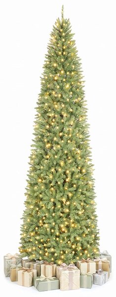 Costway Albero di natale slim 2436 rami e base pieghevole per casa ufficio e negozi, Albero di natale artificiale con 650 luci bianche calde 102 x 102 x 305 cm