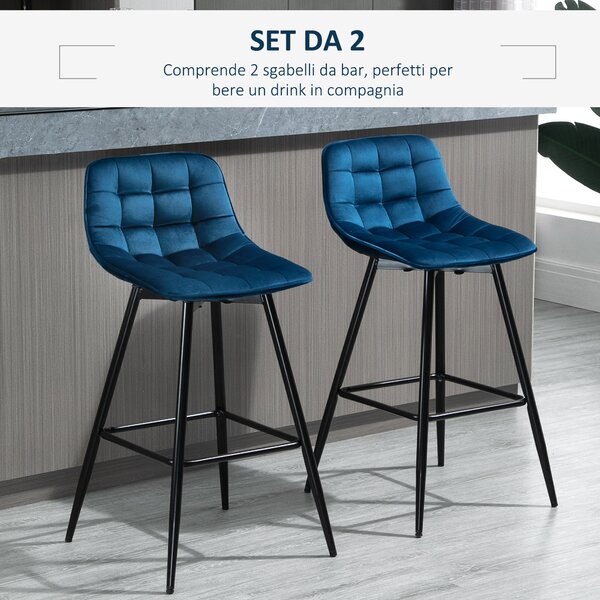HOMCOM Set 2 Sgabelli da Bar Sedie Imbottite per Salotto Stile Nordico, Rivestimento Velluto e Poggiapiedi, Blu, 45x47x88cm|Aosom