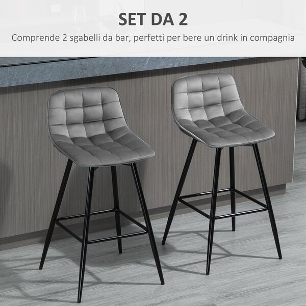 HOMCOM Set 2 Sgabelli Bar Sedie Imbottite, Stile Nordico, Velluto Grigio, Poggiapiedi, 45x47x88cm, Comfort e Design|Aosom