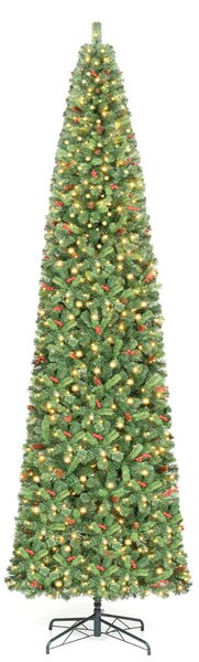Costway Albero di natale slim con luci incorporati pigne e bacche per interno e esterno, Albero natale artificiale e automatico con 1818 rami e 700 luci