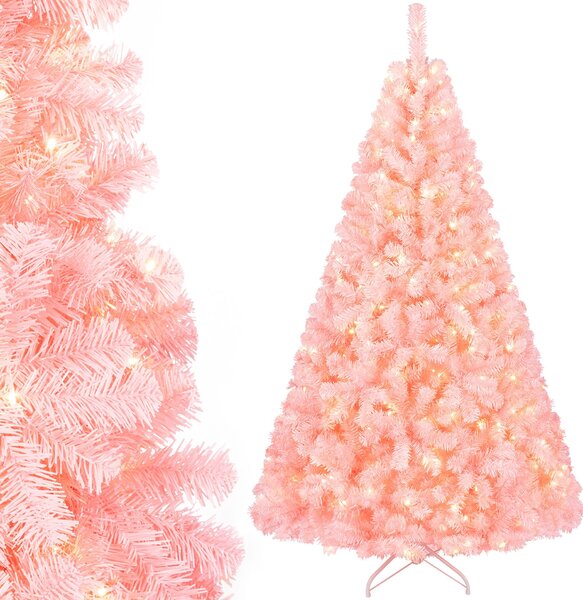 Costway Albero di natale artificiale con 250 luci led per casa ufficio e negozio, Decorazione natalizia pre-illuminato con 910 rami fitti foglie in pvc Rosa