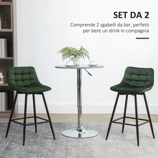 HOMCOM Set 2 Sgabelli da Bar con Schienale e Poggiapiedi Stile Nordico in Metallo e Velluto, Verde, 45x47x88cm|Aosom