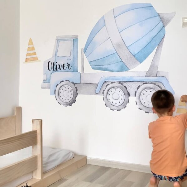 Adesivo ad acquerello grande con nome - Camion betoniera