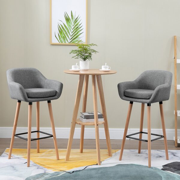 HOMCOM Set di 2 Sgabelli da Bar Moderni con Cuscino, Gambe in Legno e Rivestimento in Tessuto, 55x48x100cm Grigio|Aosom