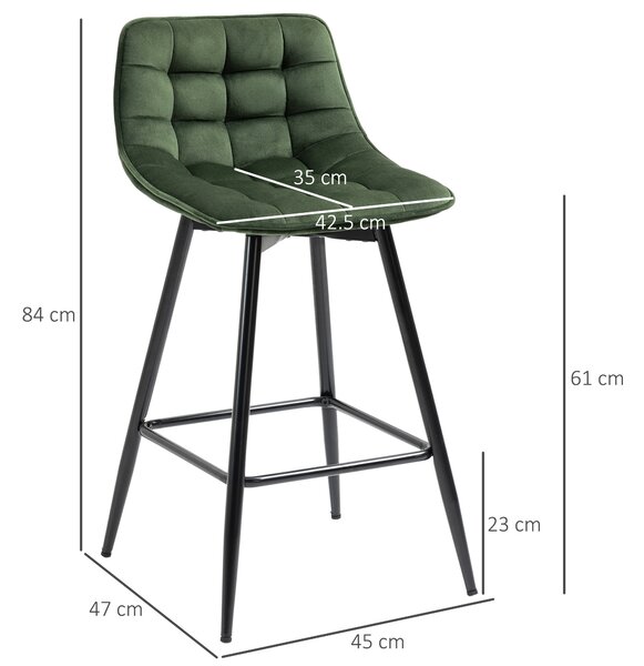 HOMCOM Set 2 Sgabelli da Bar con Schienale e Poggiapiedi Stile Nordico in Metallo e Velluto, Verde, 45x47x88cm|Aosom