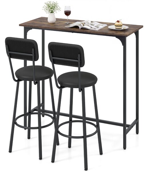 Costway Set tavolo da bar alto e stretto con 2 sgabelli imbottiti, Bancone ergonomico e sedie rotonde con schienale penisola salvaspazio in legno e acciaio Marrone