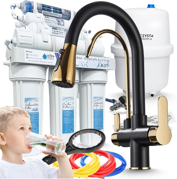 Rubinetto da cucina a 3 vie Ari Nordic con doppia uscita per acqua filtrata, beccuccio girevole, nero e oro