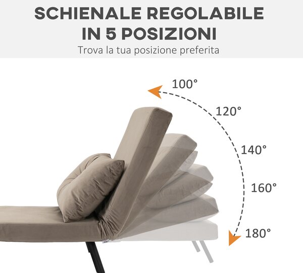 HOMCOM Poltrona Letto Singolo 3 in 1 in Tessuto Effetto Velluto Reclinabile in 5 Posizioni con Cuscino Sfoderabile, 63x73x81cm, Marrone Chiaro | Aosom Italy
