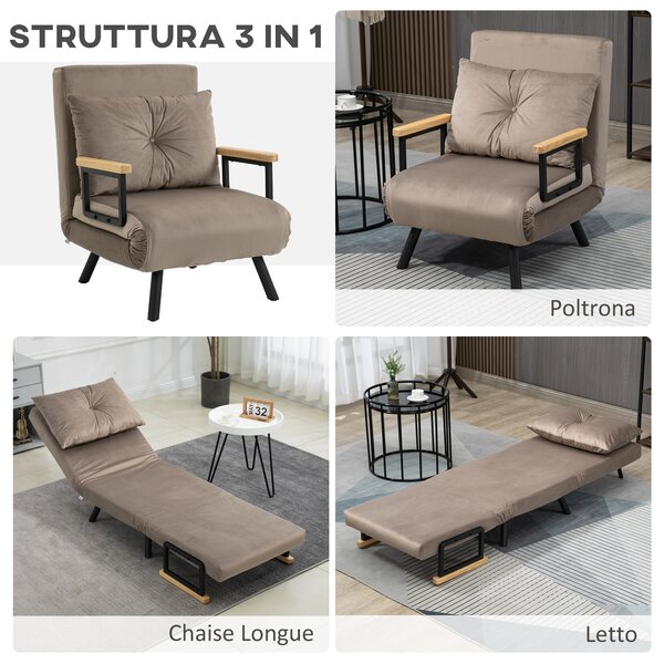 HOMCOM Poltrona Letto Singolo 3 in 1 in Tessuto Effetto Velluto Reclinabile in 5 Posizioni con Cuscino Sfoderabile, 63x73x81cm, Marrone Chiaro | Aosom Italy