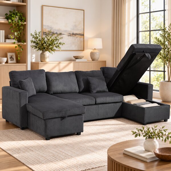 HOMCOM Divano Letto Angolare 282 cm Estraibile con Doppie Chaise Longue Contenitore, Grigio Scuro | Aosom Italy