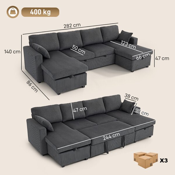 HOMCOM Divano Letto Angolare 282 cm Estraibile con Doppie Chaise Longue Contenitore, Grigio Scuro | Aosom Italy