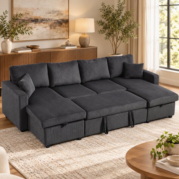 HOMCOM Divano Letto Angolare 282 cm Estraibile con Doppie Chaise Longue Contenitore, Grigio Scuro | Aosom Italy