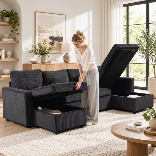 HOMCOM Divano Letto Angolare 282 cm Estraibile con Doppie Chaise Longue Contenitore, Grigio Scuro | Aosom Italy