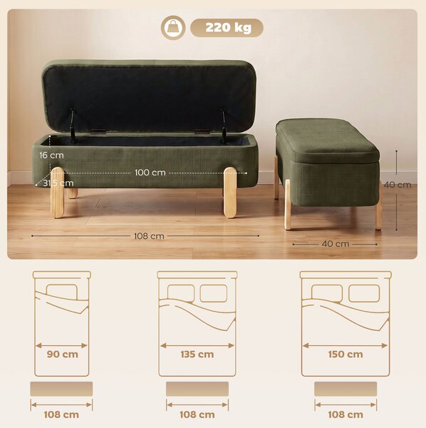 HOMCOM Cassapanca Pouf Contenitore Poggiapiedi Grande 108x40x40cm, Seduta Imbottita 2 Posti, 220kg, Soggiorno, Verde | Aosom Italy