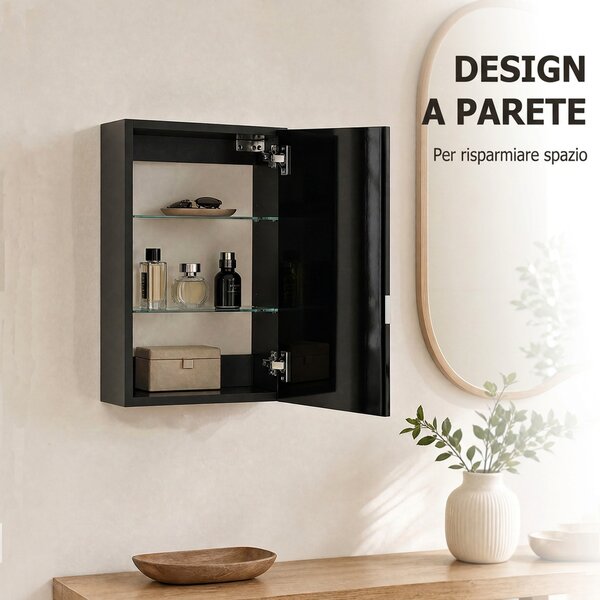 HOMCOM Armadietto Bagno da Parete in Legno con 3 Ripiani Regolabili in Vetro su 3 Livelli, 40x15x55 cm, Nero | Aosom Italy