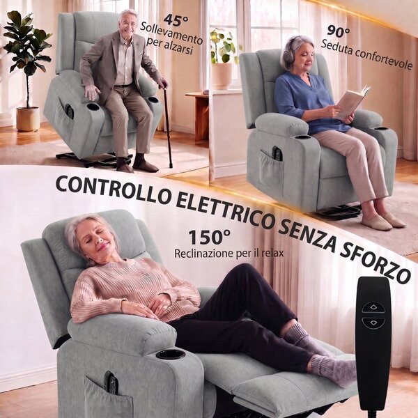 HOMCOM Poltrona Elettrica Alzapersona Reclinabile, Riscaldata, Massaggiante, Lino, 2 Telecomandi, Grigio Chiaro | Aosom Italy