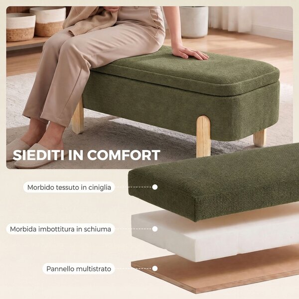 HOMCOM Cassapanca Pouf Contenitore Poggiapiedi Grande 108x40x40cm, Seduta Imbottita 2 Posti, 220kg, Soggiorno, Verde | Aosom Italy