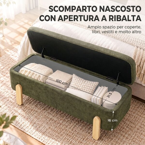 HOMCOM Cassapanca Pouf Contenitore Poggiapiedi Grande 108x40x40cm, Seduta Imbottita 2 Posti, 220kg, Soggiorno, Verde | Aosom Italy