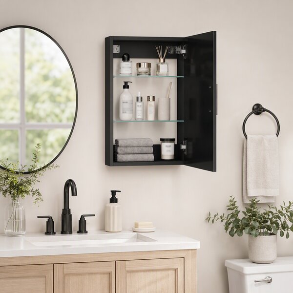 HOMCOM Armadietto Bagno da Parete in Legno con 3 Ripiani Regolabili in Vetro su 3 Livelli, 40x15x55 cm, Nero | Aosom Italy