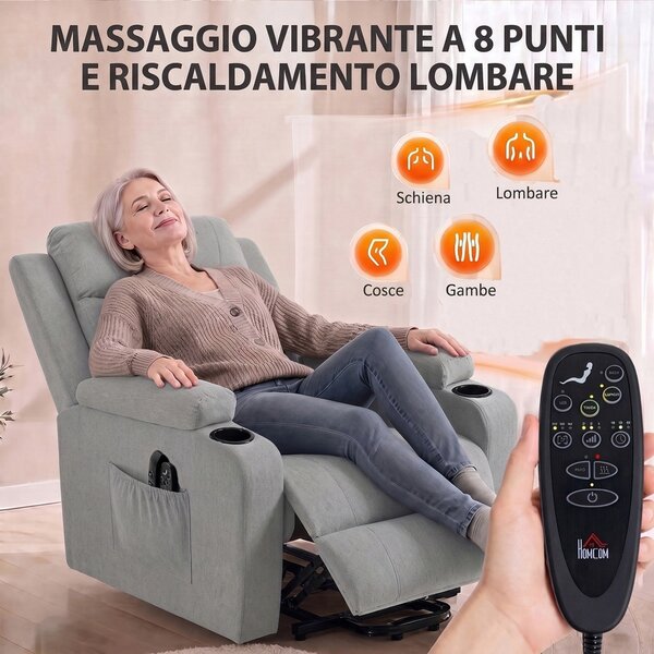 HOMCOM Poltrona Elettrica Alzapersona Reclinabile, Riscaldata, Massaggiante, Lino, 2 Telecomandi, Grigio Chiaro | Aosom Italy