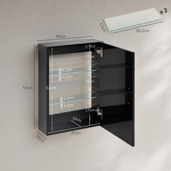 HOMCOM Armadietto Bagno da Parete in Legno con 3 Ripiani Regolabili in Vetro su 3 Livelli, 40x15x55 cm, Nero | Aosom Italy