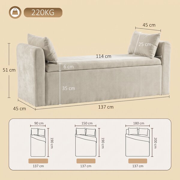 HOMCOM Cassapanca Pouf Contenitore Poggiapiedi Grande 137x45x51cm, Seduta Imbottita 2 Posti, 220kg, Beige | Aosom Italy