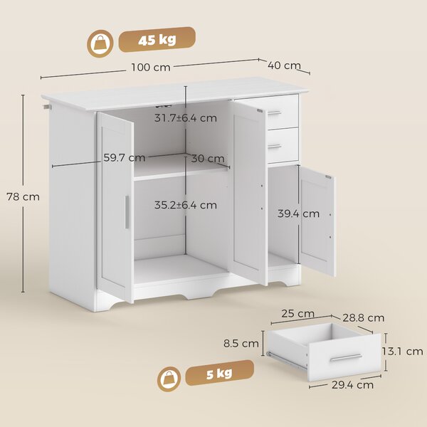 HOMCOM Credenza Cucina, Mobile Cucina con 2 Cassetti e 2 Armadietti, 3 Ante, per Soggiorno, 100x40x78 cm, Bianco | Aosom Italy