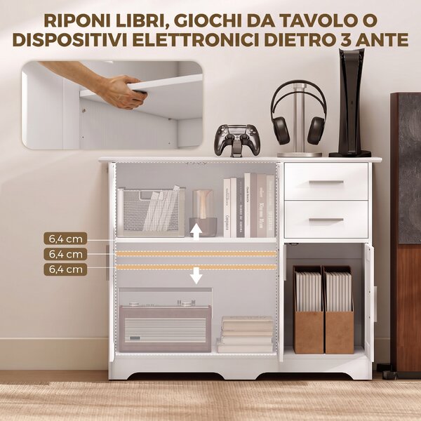 HOMCOM Credenza Cucina, Mobile Cucina con 2 Cassetti e 2 Armadietti, 3 Ante, per Soggiorno, 100x40x78 cm, Bianco | Aosom Italy