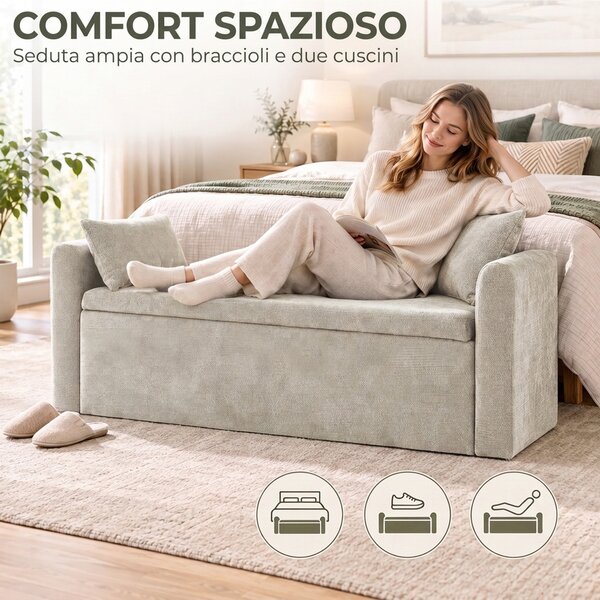 HOMCOM Cassapanca Pouf Contenitore Poggiapiedi Grande 137x45x51cm, Seduta Imbottita 2 Posti, 220kg, Beige | Aosom Italy