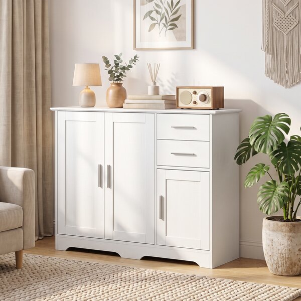 HOMCOM Credenza Cucina, Mobile Cucina con 2 Cassetti e 2 Armadietti, 3 Ante, per Soggiorno, 100x40x78 cm, Bianco | Aosom Italy