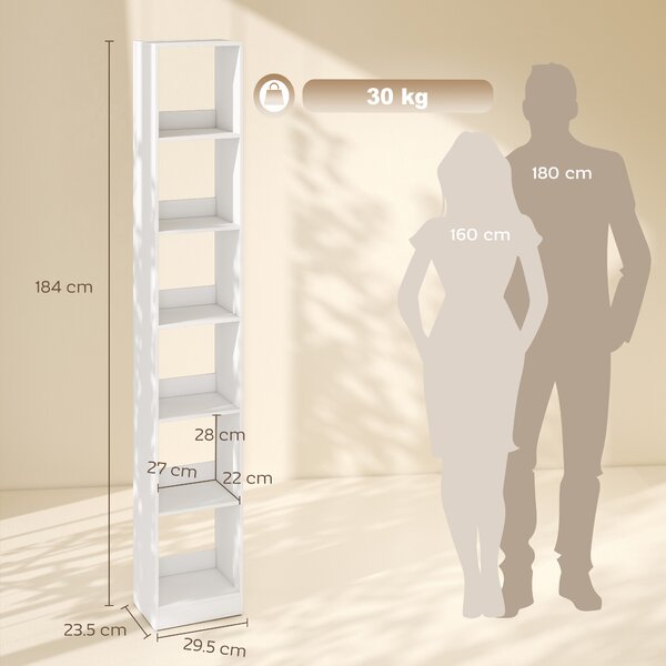 HOMCOM Libreria Verticale a 6 Ripiani per Soggiorno Ufficio Camera da Letto, 29.5x23.5x184 cm, Effetto Legno Bianco | Aosom Italy