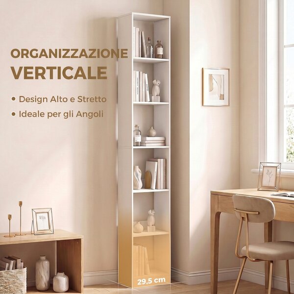 HOMCOM Libreria Verticale a 6 Ripiani per Soggiorno Ufficio Camera da Letto, 29.5x23.5x184 cm, Effetto Legno Bianco | Aosom Italy