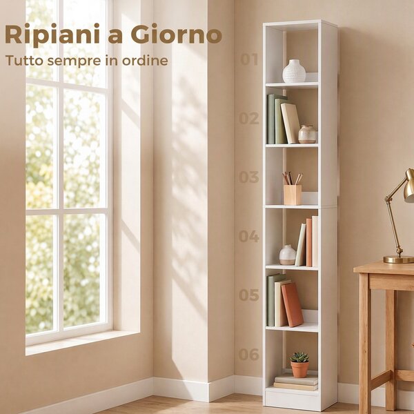 HOMCOM Libreria Verticale a 6 Ripiani per Soggiorno Ufficio Camera da Letto, 29.5x23.5x184 cm, Effetto Legno Bianco | Aosom Italy