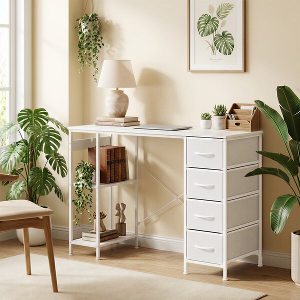 HOMCOM Scrivania per Computer con 4 Cassetti in Tessuto, Struttura in Metallo, Ripiano Aperto, 100 x 40 cm, Bianco | Aosom Italy