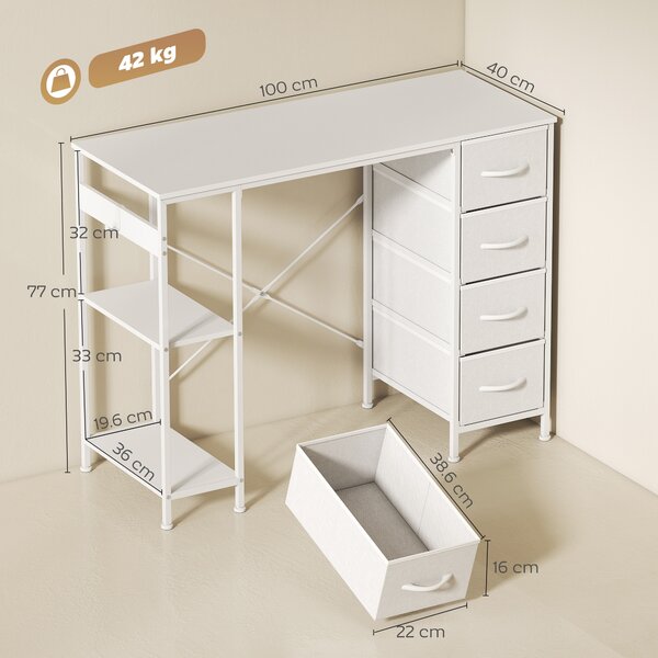 HOMCOM Scrivania per Computer con 4 Cassetti in Tessuto, Struttura in Metallo, Ripiano Aperto, 100 x 40 cm, Bianco | Aosom Italy